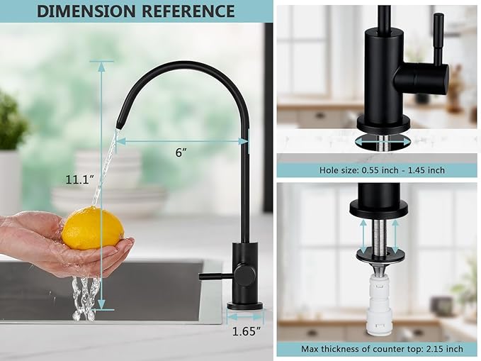Tohlar Drinking Water Faucet for Kitchen Sink, Black Filtered Water Faucets Lead-Free Reverse Osmosis Faucet Water Filtration System 304 Stainless Steel, Matte Black Finish