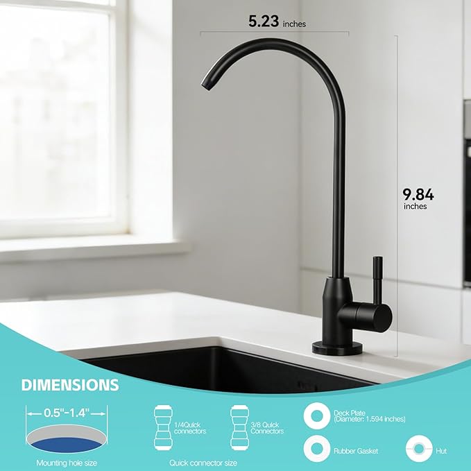 Drinking Water Faucet, Lead-Free Kitchen Water Filter Faucet for Reverse Osmosis or Water Filtration System, RO Faucet, Brushed Nickel (Black Lacquer Finish)