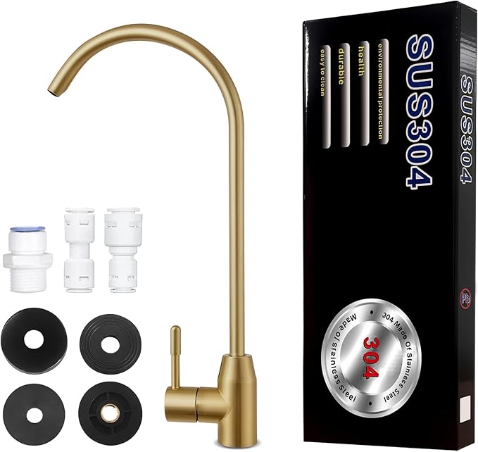 Drinking Water Faucet, Lead-Free Kitchen Water Filter Faucet for Reverse Osmosis or Water Filtration System, RO Faucet, Brushed Nickel (Golden)