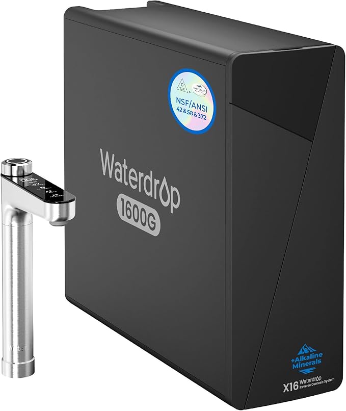 Waterdrop X16-BAS Reverse Osmosis Water Filter, Alkaline Mineral, NSF/ANSI 42&58&372 Certified, 1600 GPD, 11-Stage Filtration, UnderSink RO, 3:1 Pure to Drain, Smart Stainless Steel Faucet, BPA Free