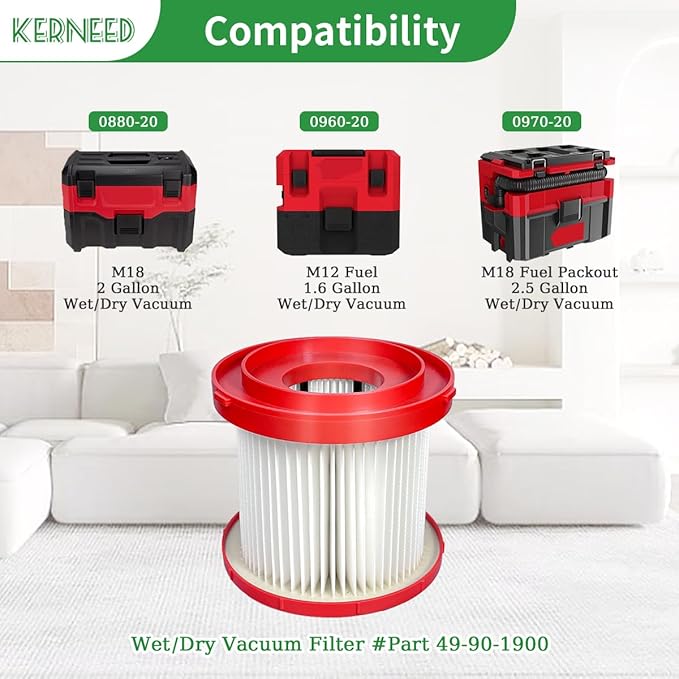2 Pack 49-90-1900 HEPA Filter Compatible with Milwaukee Cordless M18 Vacuum 0780-20 0880-20, with 4 Foam Sleeve Filters & 1 Brush