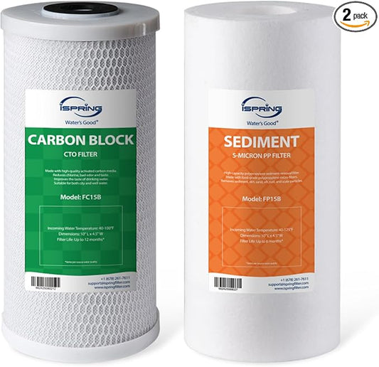 iSpring F2WGB21B Whole House 4.5"x10" Water Filtration High Capacity Sediment and CTO Carbon Block Water Filter Replacement Cartridge Pack Set, Model: WGB21B