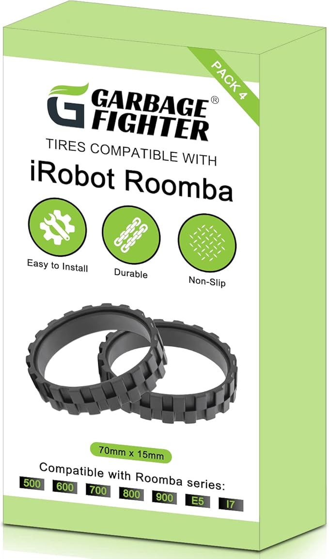 Garbage fighter Tires for IROBOT ROOMBA Wheels Series 500, 600, 700, 800 and 900, e5, e6, i7,Anti-Slip, Great Adhesion and Easy Assembly, Wheel Replacement for All roomba Models (Black 4 Pack)