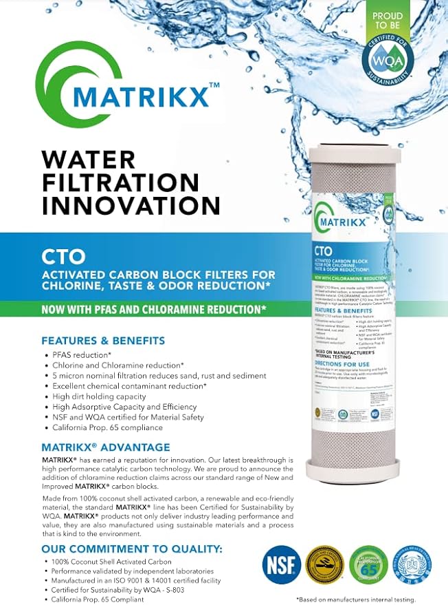 MatriKX Full Flow CTO Carbon Block Filter - Advanced 4.5" x 10" Carbon Water Filter Cartridge with Chloramine and Chlorine Reduction (32-450-10)