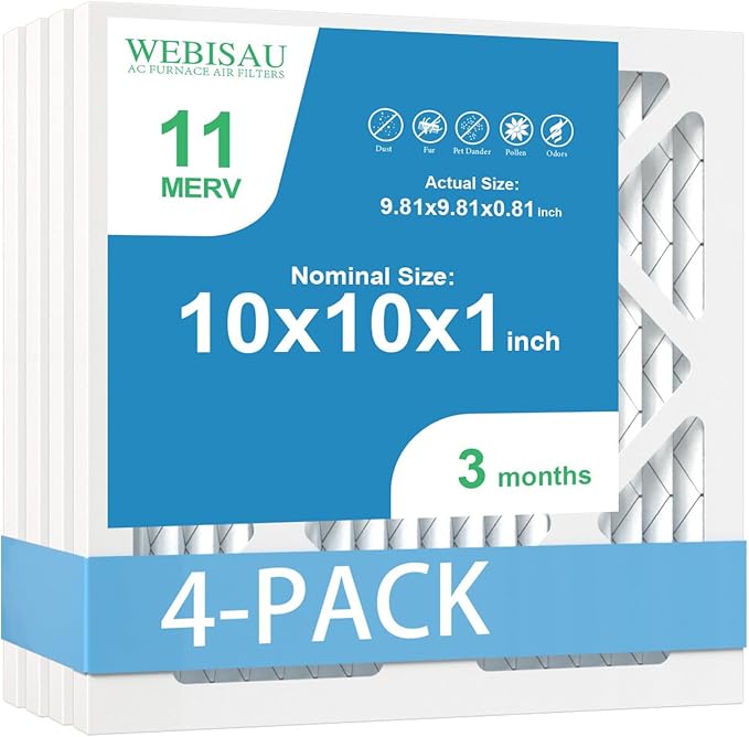 10x10x1 Air Filter MERV 11 MPR 1000 Furnace Filters Pleated HVAC AC Furnace Air Filters,Air Conditioner Filters 4Pack (Actual Size: 9.81"x9.81"x0.81")