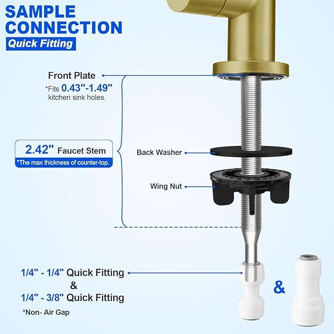 Drinking Water Faucet - Long Thread Stem Filtered Water Tap for Thick Countertop,Lead-Free RO Faucet with Hose and Push Connect Fittings(Matte Gold - "7" Shape)