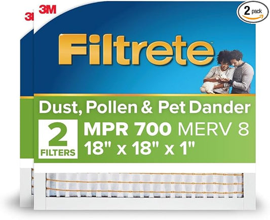 Filtrete 18x18x1 AC Furnace Air Filter, MPR 700, MERV 8, Tough on Pollen, Easy on Airflow, 3-Month Pleated 1-Inch Electrostatic Air Cleaning Filter, 2-Pack (Actual Size 17.81 x 17.81 x 0.81 in)