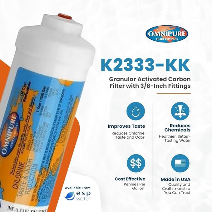 Omnipure K2333 Inline Carbon Water Filter 3/8 Inch Quick Connect GAC T33 2 x 6 Inch Cartridge for RO Systems Ice Makers Under Sink Use K2333-KK