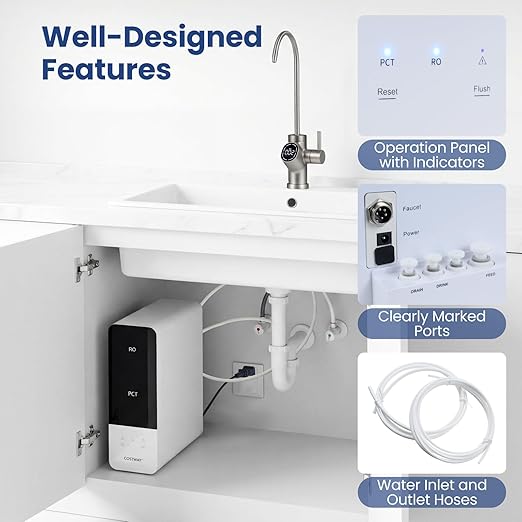 COSTWAY AW-RB05 Alkaline PH+ Reverse Osmosis Water Filter, 800 GPD Tankless Under-Sink RO System with 8-Stage Filtration, Smart LED Faucet, 2:1 Pure to Drain Ratio, High-Efficiency Water Purification