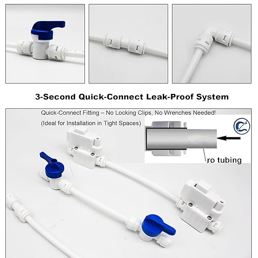 32ft RO Tubing Kit (20-Piece): 1/4" O.D. RO Water Line + Quick Connect Fittings (Valves, Elbow/Tee Couplings, Clip, Tool) for Water Purifier/Refrigerator System