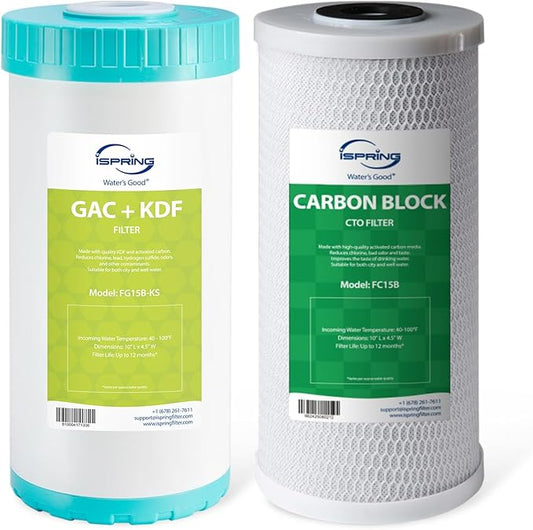 iSpring F2WGB21BKS Whole House 4.5"x10" Water Filtration CTO Carbon Block and GAC+KDF Water Filter Replacement Cartridge Pack Set for WGB21B-KS