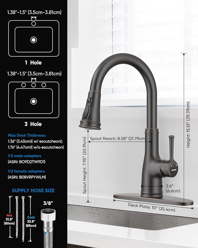 WEWE Vintage Kitchen Faucet with Pull Down Sprayer, Stainless Steel 1 or 3 Hole High Arc Single Handle Antique Sink Faucet for Classic Modern Ktichen, Oil Rubbed Bronze Bar & Prep Sinks