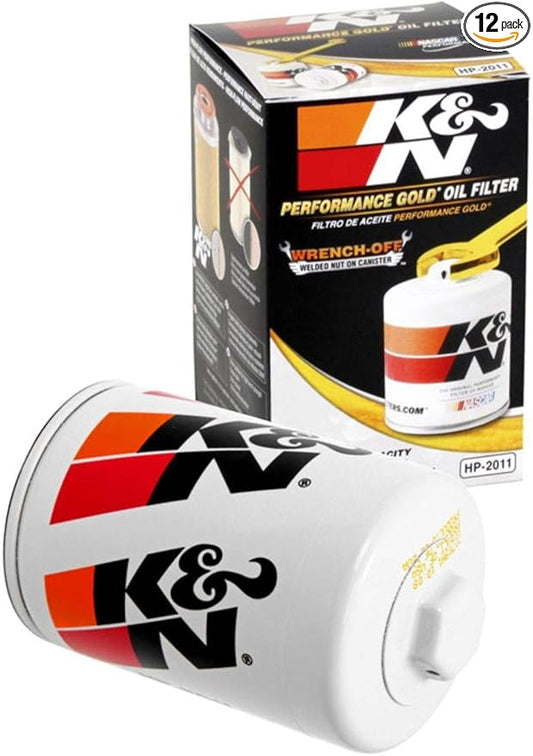 K&N Premium Oil Filter: 20,000 Mile Engine Protection with Wrench Off Nut:Compatible with Select 2009-2022 BUICK/CADILLAC/CHEVROLET/FORD(See Product Description for Select Models),HP-2011(Pack of 12)