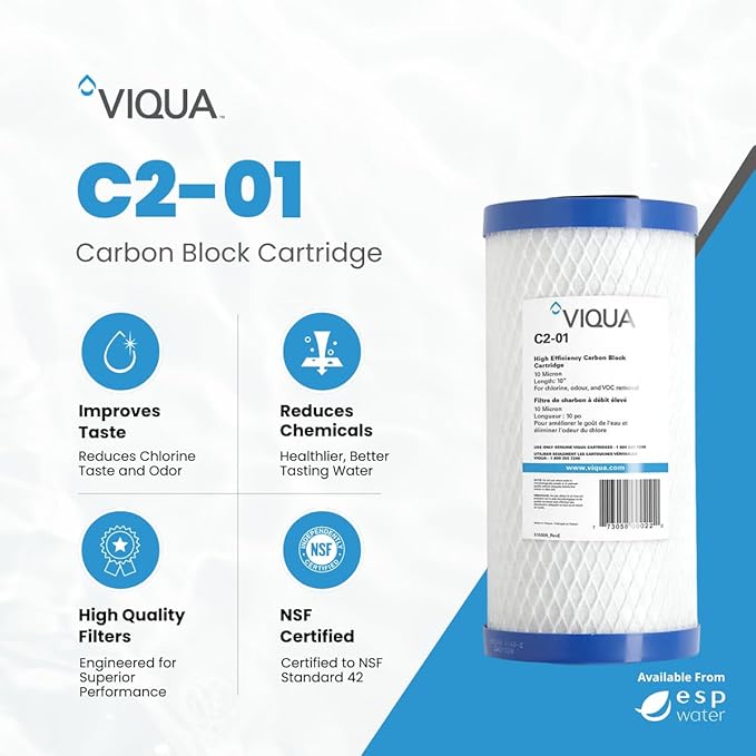 Viqua C2-01 Carbon Block Water Filter Cartridge – 10" x 4.5", 10 Micron, High Flow 6.5 GPM – Reduces Chlorine, Taste & Odor – Fits Standard 10-Inch Housings – NSF Certified
