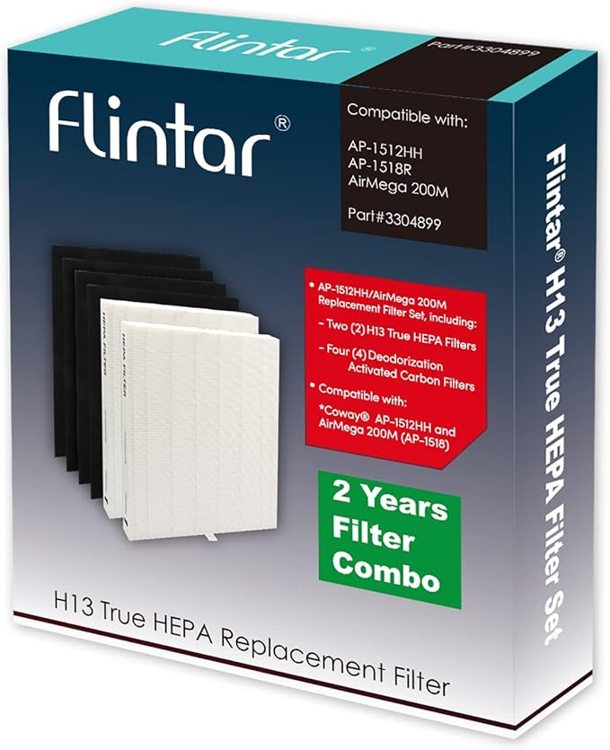 Flintar Replacement Air Filter, Compatible with Coway Air Purifier AP-1512HH and Airmega 200M, (2) H13 Grade Main Filter and (4) Activated Carbon Filters, 2-Year Filter Pack