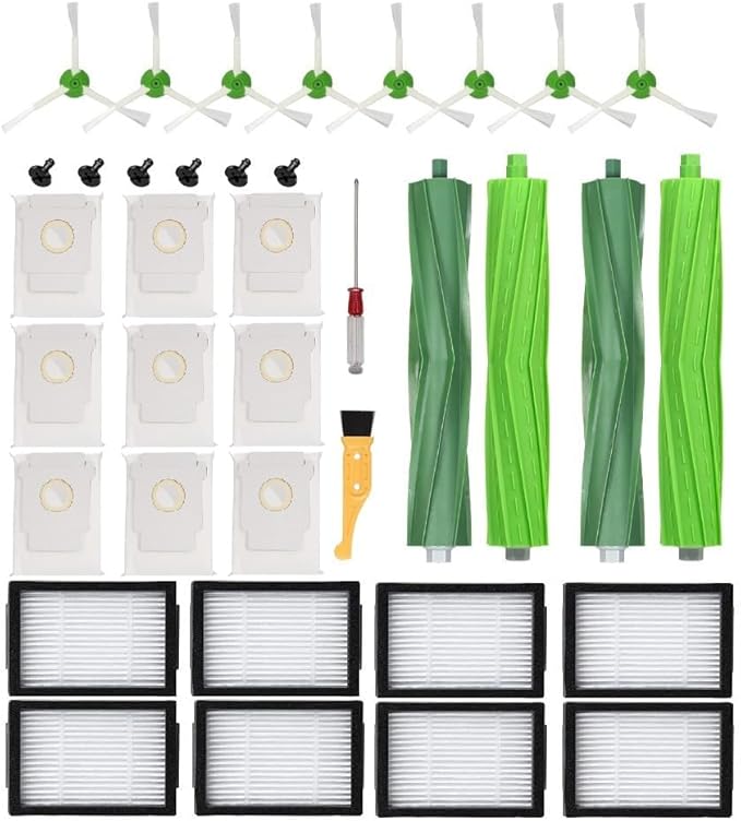 ANBOO 27 Pack Replacement Parts for iRobot Roomba i7 i7+ i3 i3+ i4 i4+ i6 i6+ i8 i8+ E5 E6 E7 Vacuum Cleaner,Replenishment Kit 2 Set Rubber Brushes & 8 Filters & 8 Side Brushes & 9 Vacuum Bags