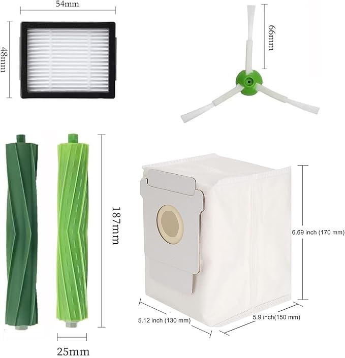 Replacement Parts Compatible with iRobot Roomba I, E & J Series i7 i7+ j6+ j7 j7+ i3 i3+ i4 i4+ i6 i6+ i8 i8+ /Plus, 2 Set Rubber Brushes, 6 HEPA Filters, 6 Side Brushes, 6 Vacuum Bags