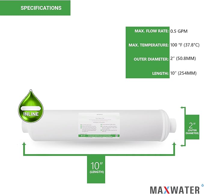 Post Activated Carbon Water Filter Replacement – 5 Micron Inline Filter – 10 inch Inline Carbon Filter– Under Sink and Reverse (50 Pack) Compatible with Standard RO Water Filtration Systems