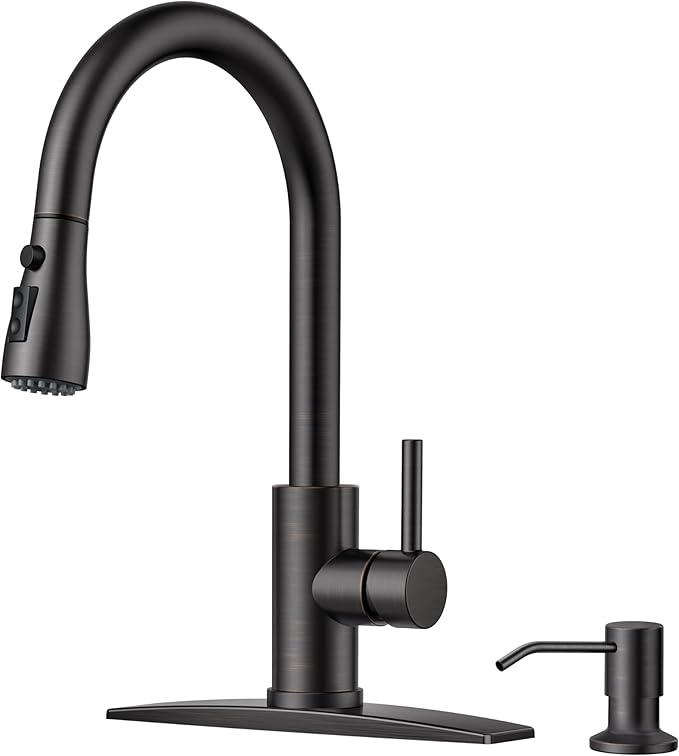 FORIOUS Kitchen Faucet with Soap Dispenser and Pull Down Sprayer, Bar High Arc Single Handle Classic 3 Modes Stainless Steel Faucet for Kitchen Sink Farmhouse RV Laundry Camper, Oil Rubbed Bronze