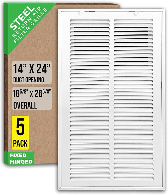 [5 Pack] Fits 14x24 Duct Opening | Steel Return Air Filter Grille by Handua [Fixed Hinged] Vent Cover Grill for Sidewall and Ceiling | White | Outer Dimensions: 16 5/8"W X 26 5/8"H