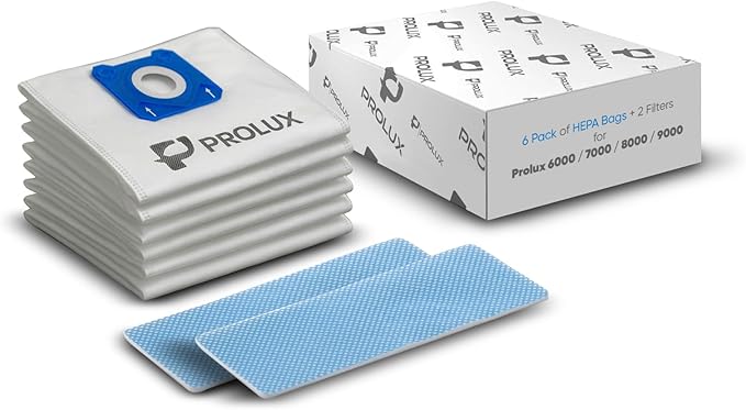 6 pack of HEPA bags and 2 post Filters for the Prolux 6000/7000/8000/9000 series upright vacuum cleaners