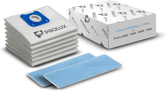 6 pack of HEPA bags and 2 post Filters for the Prolux 6000/7000/8000/9000 series upright vacuum cleaners