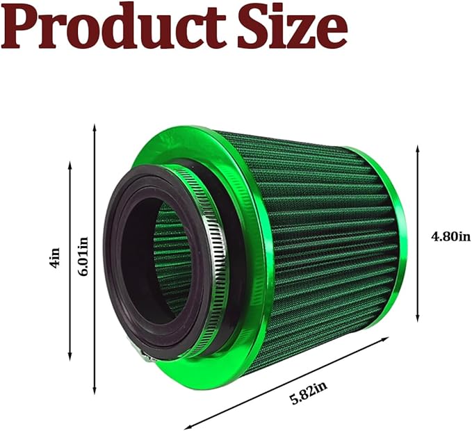 Car Clamp-On Air Intake Filter, 3 In 3.5 In 4 In Round Tapered Vehicle Cone Air Filters, High-Performance ＆ Washable Auto Replacement Intake Filtering Accessories, Universal Fit (Green)