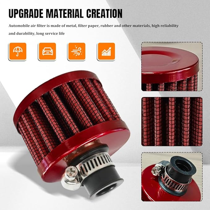 2PCS Breather Filter, Air Intake Filter, 12mm Auto Air Filter Vent Crankcase Breather with Adjustable Clamp, Universal Car Accessory Valve Cover Breather Fit for Car and Motorcycle (Red)