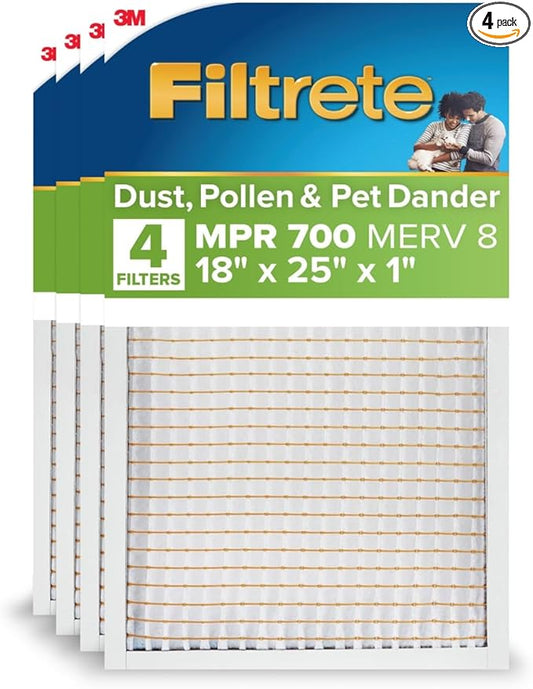 Filtrete 18x25x1 AC Furnace Air Filter, MERV 8, MPR 700, Tough on Pollen, Easy on Airflow, 3-Month Pleated 1-Inch Electrostatic Air Cleaning Filter, 4-Pack (Actual Size 17.81 x 24.81 x 0.81 in)