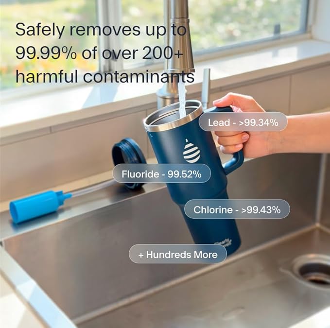 Clearly Filtered Water Bottle | Removes 200+ Contaminants, Double-Wall Insulated Stainless Steel, BPA/BPS Free, Phthalate Free, Filters Flouride Lead Chlorine (40oz, Navy Blue)
