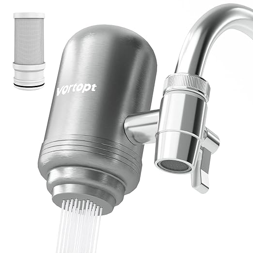 Vortopt Faucet Water Filter for Sink, Rapid Flow - 400 Gallons Faucet Mount Water Filtration System for Tap Water, NSF Certified Reduces Chlorine (Grey-T2-1 Filter)