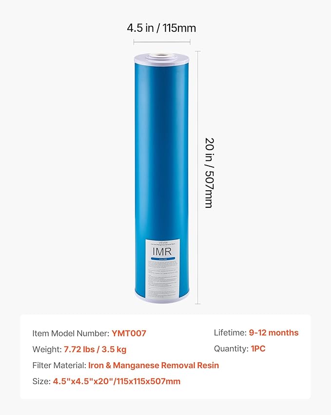 VEVOR Whole House Water Filter Replacement Cartridge, 4.5" x 20" Iron & Manganese Reducing Replacement Filter for 3-Stage Whole Home Water Filtration System, Reduce Chlorine, Bad Taste, Odor