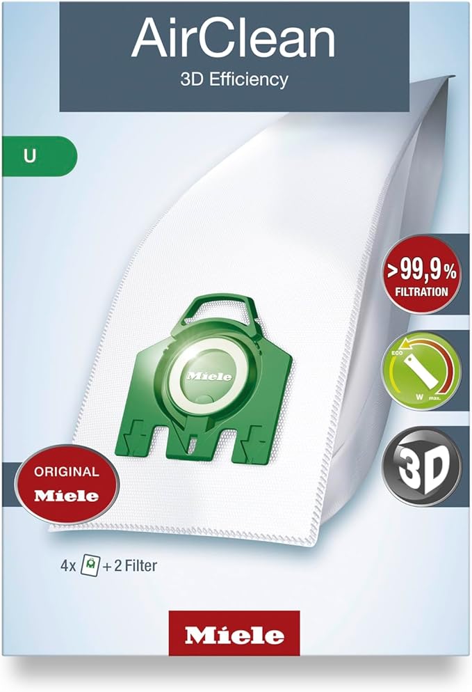 Miele Original AirClean 3D Efficiency U Vacuum Cleaner Bags for Miele Dynamic U1 and S7 Models, Filters More Than 99.9% of Dust, Pack of 4 – 10123230
