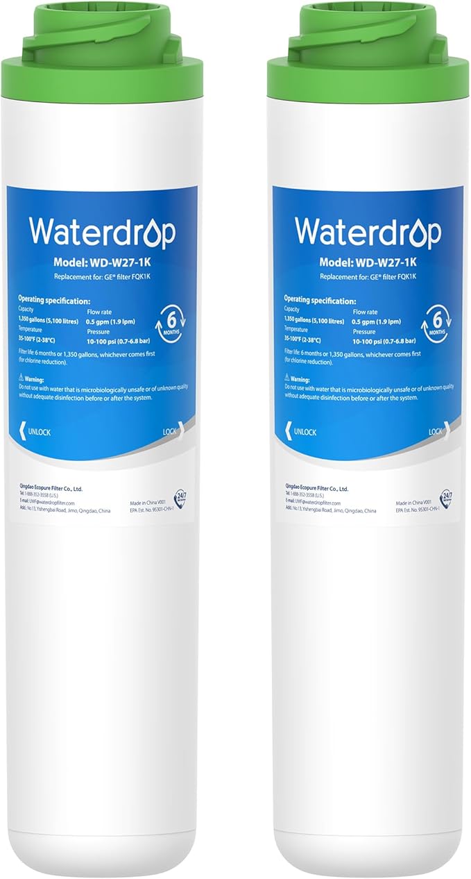 Waterdrop FQK1K Under Sink Water Filter, Replacement for GE FQK1K, FQK2J, GXK185K and GX1S50R, Reduces Chlorine, Taste&Odor for Purer Water, 1350 Gallons (Pack of 2)