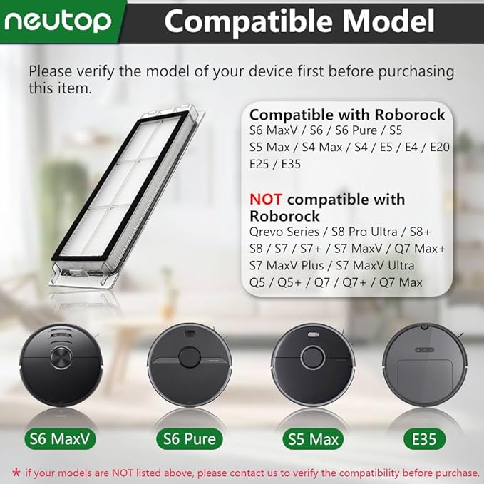 Neutop Replacement Filters Parts, Compatible with Roborock S6 MaxV/Pure, S6, S5, S5 Max, S4 Max, S4, E5, E4, E20, E25, E35, Robot Vacuums, 8-pack.
