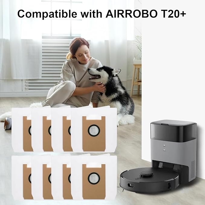 Dust Bags for AIRROBO T20+/ T25+/ T30+/ T25+C Robot Vacuum Cleaner, Replacement Vacuum Bags Disposable Bag Airrobo Robot Vacuum Cleaner Bags Replacement Parts (8 Pack)