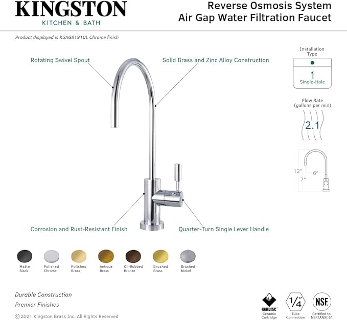 Kingston Brass KSAG8192DL Concord Reverse Osmosis System Filtration Water Air Gap Faucet, Polished Brass
