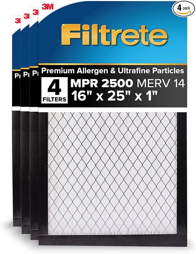 Filtrete 16x25x1 AC Furnace Air Filter, MERV 14, MPR 2500, High Performance Premium Allergen, Ultrafine Particles, Bacteria & Virus Filter, CERTIFIED Asthma & Allergy Friendly, 4-Pack