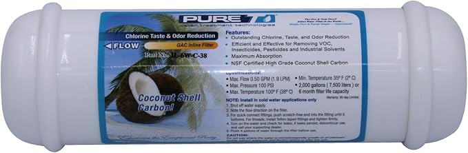 PureT Compact Inline Post-Carbon Filter 2"x6" with 3/8" NPT Threaded Connection - GAC Polishing Filter for RO Systems, Ice Makers & Refrigerators | NSF Certified | 700 Gallon Capacity | IL-6W-C-38