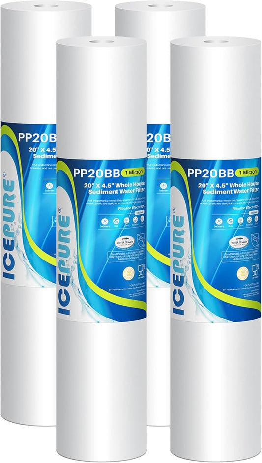 ICEPURE 1 Micron 20" x 4.5" Whole House Sediment Home Water Filter Replacement Cartridge, Compatible with SP-DD-5005-20BB, FPMB5-20, AP810-2, DGD-5005-20, SDC-45-2005, 2PP20BB1M, P5-20, FP25B, 4 Pack