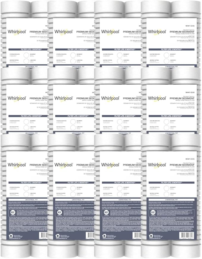 Whirlpool 10" x 2.5" Whole House Sediment Water Filters. WHKF-GD05 Grooved Filter, 5 Micron, NSF Certified Reduces Sand, Soil, Silt & Rust for Standard Filter Housings, 24-Pack