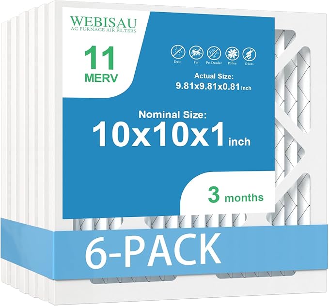 10x10x1 Air Filter MERV 11 MPR 1000 Furnace Filters Pleated HVAC AC Furnace Air Filters,Air Conditioner Filters 6Pack (Actual Size: 9.81"x9.81"x0.81")