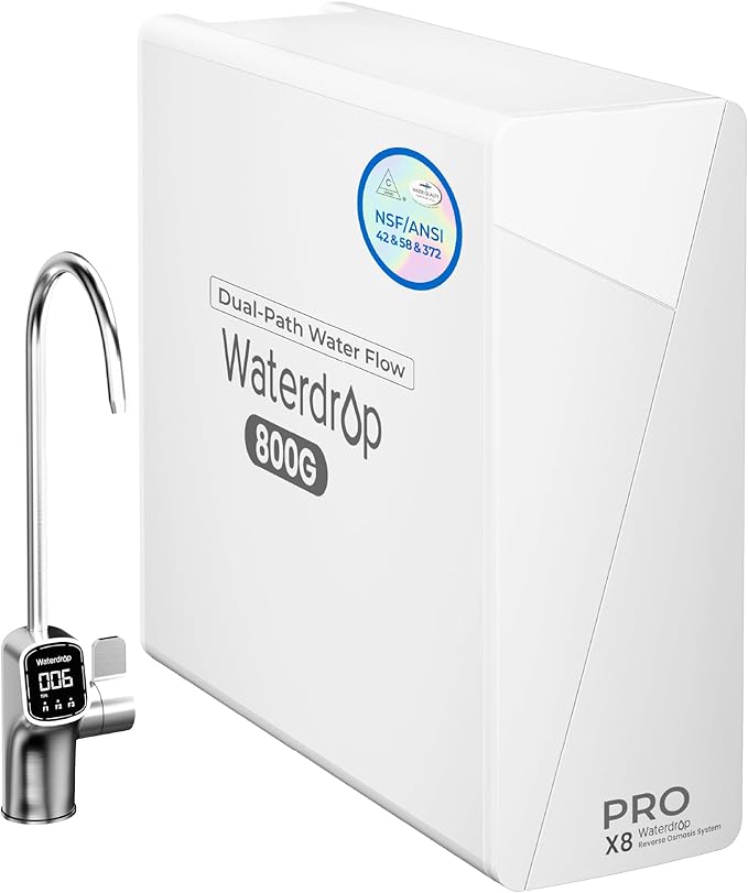 Waterdrop X8-PRO Dual Flow Reverse Osmosis Water Filter, 800 GPD Tankless RO System, 9-Stage Filtration, Undersink, LED Faucet, BPA Free, Attaches to Your Existing Kitchen Faucet, NO Minerals Added