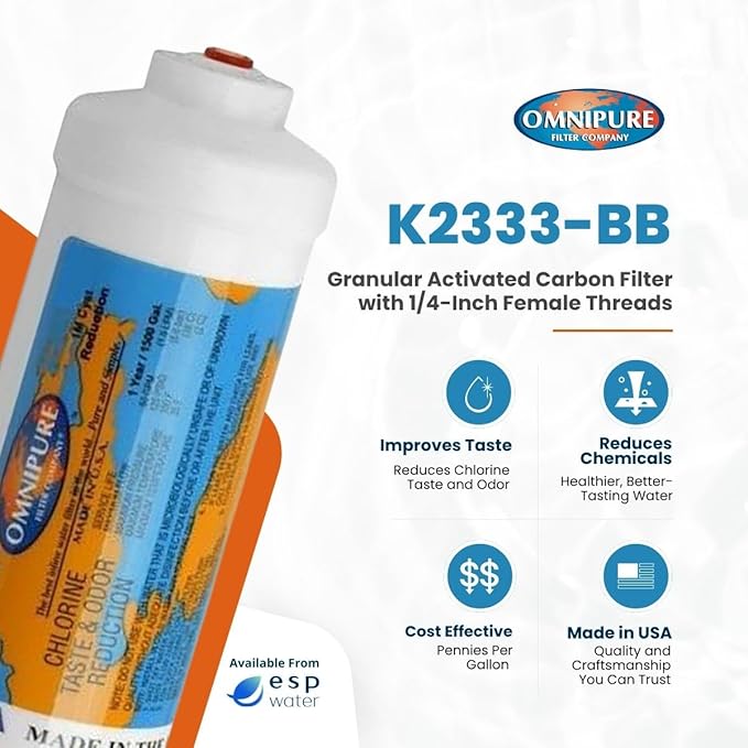 Omnipure K2333 Inline Carbon Water Filter GAC T33 2 x 6 Inch Cartridge 1/4 Female Thread Fittings Compatible with Axeon CRO 50 WM5 50 Reverse Osmosis Systems K2333-BB
