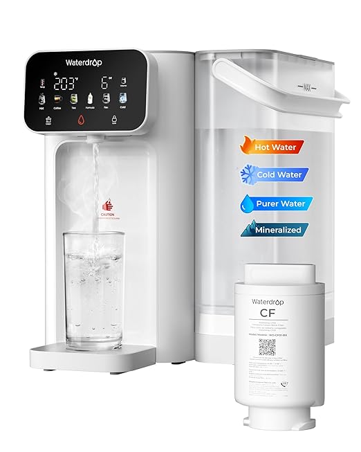 Waterdrop CT01 Countertop Water Filter System, Hot and Cold Water Dispenser with 6-Stage Filtration [𝐍𝐎𝐓 𝐑𝐎], 5 Temperature Options, Upgraded Product for Water Boiler, Touchscreen, White