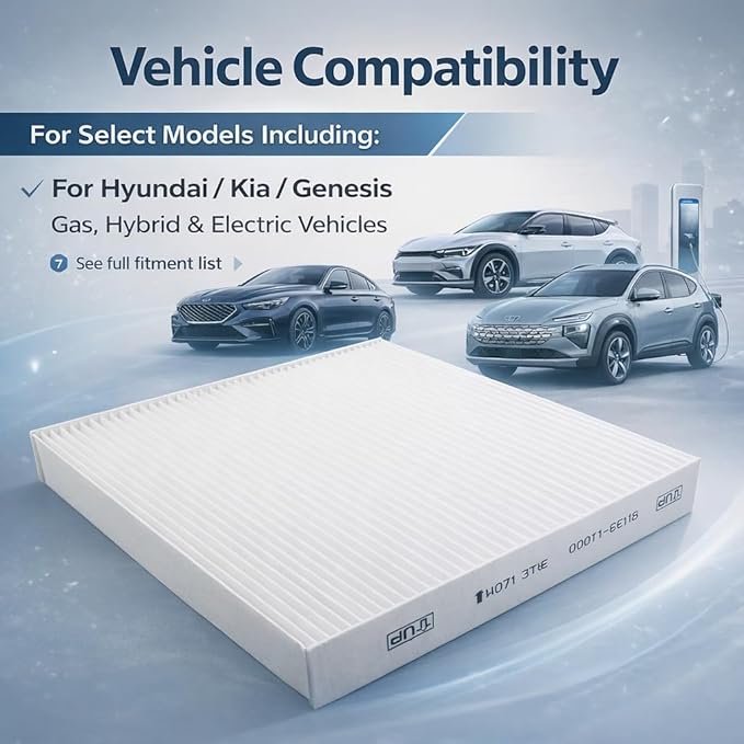 Cabin Air Filter Replacement for Hyundai Kia EV Models, White Non-Woven Fabric, Panel Style, 8.93 x 8.26 x 1.18 in