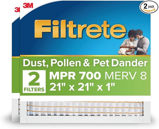 Filtrete 21x21x1 AC Furnace Air Filter, MPR 700, MERV 8, Tough on Pollen, Easy on Airflow, 3-Month Pleated 1-Inch Electrostatic Air Cleaning Filter, 2-Pack (Actual Size 20.81 x 20.81 x 0.81 in)