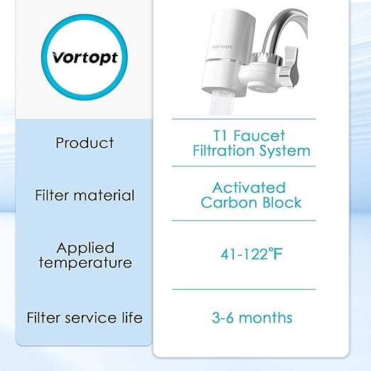 Vortopt Faucet Water Filter for Sink, Rapid Flow - 400 Gallons Faucet Mount Water Filtration System for Tap Water, NSF Certified Reduces Chlorine & Bad Taste with 2 Replacements, T1