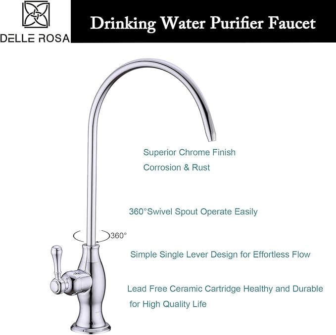 Delle Rosa Drinking Water Purifier Faucet, Commercial Water Filtration Faucets for Under Sink Water Filter System, Modern Stainless Steel Kitchen Bar Sink Drinking Water Faucet, Chrome,Non-Air Gap