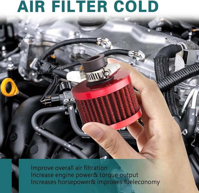 12mm Air Filter Intake Filter Breather, Valve Cover Breather, Mini Universal Motor Cone Cold Clean Air Intake Filter Turbo Vent Breather, Vehicle Engine Air Filters Suitable for Cars Motorcycles